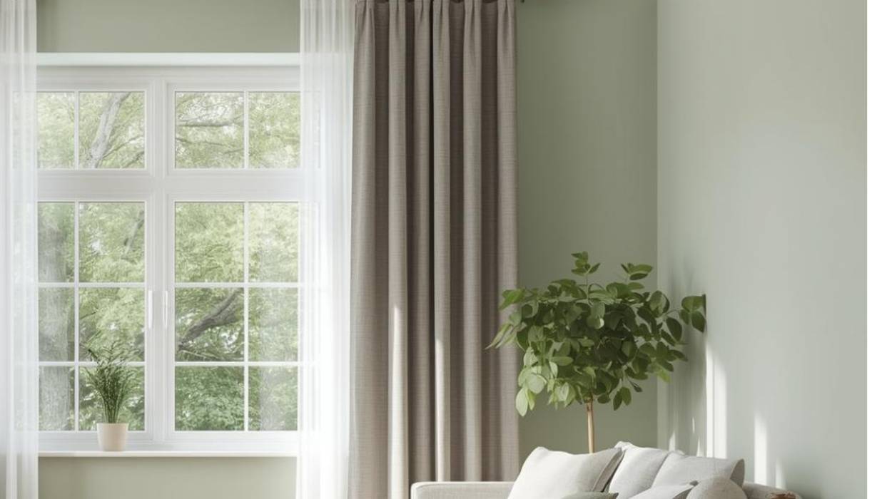 zielona ściana i szara zasłona